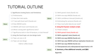 TUTORIAL OUTLINE
1. Significance testing basics and limitations
1.1 Preliminaries
1.2 How the t-test works
1.3 T-test with Excel and R (hands-on)
1.4 How ANOVA works
1.5 ANOVA with Excel and R (hands-on)
1.6 What's wrong with significance tests?
1.7 Significance tests in the IR literature, or lack thereof
2. Using the Excel topic set size design tools
2.1 Topic set sizes in IR
2.2 Topic set size design
<30min coffee break>
2.3 With paired t-tests (hands-on)
2.4 With one-way ANOVA (hands-on)
2.5 With confidence intervals (hands-on)
2.6 Estimating the variance (hands-on)
2.7 How much pilot data do we need?
3. Using the R power analysis scripts
3.1 Power analysis
3.2 With paired t-tests (hands-on)
3.3 With unpaired t-tests (hands-on)
3.4 With one-way ANOVA (hands-on)
3.5 With two-way ANOVA without replication (hands-on)
3.6 With two-way ANOVA (hands-on)
3.7 Overpowered and underpowered experiments in IR
4. Summary, a few additional remarks, and Q&A
30min
70min
20min
50min
10min
Appendix
 