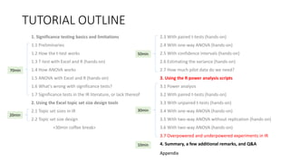 TUTORIAL OUTLINE
1. Significance testing basics and limitations
1.1 Preliminaries
1.2 How the t-test works
1.3 T-test with Excel and R (hands-on)
1.4 How ANOVA works
1.5 ANOVA with Excel and R (hands-on)
1.6 What's wrong with significance tests?
1.7 Significance tests in the IR literature, or lack thereof
2. Using the Excel topic set size design tools
2.1 Topic set sizes in IR
2.2 Topic set size design
<30min coffee break>
2.3 With paired t-tests (hands-on)
2.4 With one-way ANOVA (hands-on)
2.5 With confidence intervals (hands-on)
2.6 Estimating the variance (hands-on)
2.7 How much pilot data do we need?
3. Using the R power analysis scripts
3.1 Power analysis
3.2 With paired t-tests (hands-on)
3.3 With unpaired t-tests (hands-on)
3.4 With one-way ANOVA (hands-on)
3.5 With two-way ANOVA without replication (hands-on)
3.6 With two-way ANOVA (hands-on)
3.7 Overpowered and underpowered experiments in IR
4. Summary, a few additional remarks, and Q&A
30min
70min
20min
50min
10min
Appendix
 