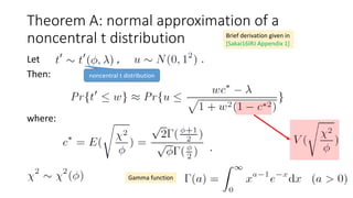 Theorem A: normal approximation of a
noncentral t distribution
Let , .
Then:
where:
.
Gamma function
noncentral t distribution
Brief derivation given in
[Sakai16IRJ Appendix 1]
 