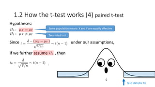 Since under our assumptions,
if we further assume , then
.
Hypotheses:
Same population means: X and Y are equally effective
Two-sided test
1.2 How the t-test works (4) paired t-test
0
test statistic t0
 