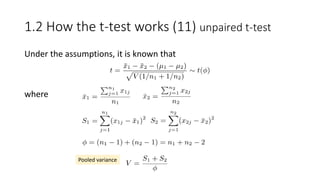 Under the assumptions, it is known that
where
Pooled variance
1.2 How the t-test works (11) unpaired t-test
 