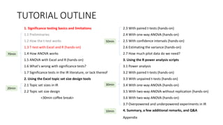 TUTORIAL OUTLINE
1. Significance testing basics and limitations
1.1 Preliminaries
1.2 How the t-test works
1.3 T-test with Excel and R (hands-on)
1.4 How ANOVA works
1.5 ANOVA with Excel and R (hands-on)
1.6 What's wrong with significance tests?
1.7 Significance tests in the IR literature, or lack thereof
2. Using the Excel topic set size design tools
2.1 Topic set sizes in IR
2.2 Topic set size design
<30min coffee break>
2.3 With paired t-tests (hands-on)
2.4 With one-way ANOVA (hands-on)
2.5 With confidence intervals (hands-on)
2.6 Estimating the variance (hands-on)
2.7 How much pilot data do we need?
3. Using the R power analysis scripts
3.1 Power analysis
3.2 With paired t-tests (hands-on)
3.3 With unpaired t-tests (hands-on)
3.4 With one-way ANOVA (hands-on)
3.5 With two-way ANOVA without replication (hands-on)
3.6 With two-way ANOVA (hands-on)
3.7 Overpowered and underpowered experiments in IR
4. Summary, a few additional remarks, and Q&A
30min
70min
20min
50min
10min
Appendix
 