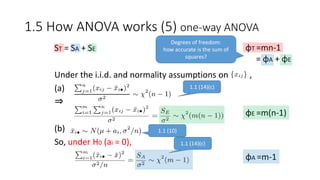 ST = SA + SE
Under the i.i.d. and normality assumptions on ,
(a)
⇒
(b) .
So, under H0 (ai = 0),
φE =m(n-1)
φA =m-1
1.1 (14)(c)
φT =mn-1
= φA + φE
Degrees of freedom:
how accurate is the sum of
squares?
1.1 (14)(c)
1.1 (10)
1.5 How ANOVA works (5) one-way ANOVA
 