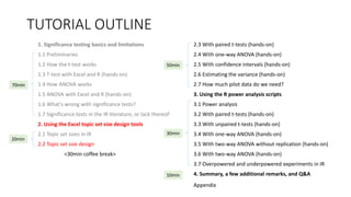 TUTORIAL OUTLINE
1. Significance testing basics and limitations
1.1 Preliminaries
1.2 How the t-test works
1.3 T-test with Excel and R (hands-on)
1.4 How ANOVA works
1.5 ANOVA with Excel and R (hands-on)
1.6 What's wrong with significance tests?
1.7 Significance tests in the IR literature, or lack thereof
2. Using the Excel topic set size design tools
2.1 Topic set sizes in IR
2.2 Topic set size design
<30min coffee break>
2.3 With paired t-tests (hands-on)
2.4 With one-way ANOVA (hands-on)
2.5 With confidence intervals (hands-on)
2.6 Estimating the variance (hands-on)
2.7 How much pilot data do we need?
3. Using the R power analysis scripts
3.1 Power analysis
3.2 With paired t-tests (hands-on)
3.3 With unpaired t-tests (hands-on)
3.4 With one-way ANOVA (hands-on)
3.5 With two-way ANOVA without replication (hands-on)
3.6 With two-way ANOVA (hands-on)
3.7 Overpowered and underpowered experiments in IR
4. Summary, a few additional remarks, and Q&A
30min
70min
20min
50min
10min
Appendix
 