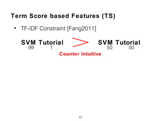 Term Score based Features (TS)
• TF-IDF Constraint [Fang2011]
23
SVM Tutorial SVM Tutorial
99 1 50 50
Counter Intuitive
 