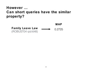 4
Family Leave Law
(ROBUST04 qid:648)
0.2725
MAP
However …
Can short queries have the similar
property?
 