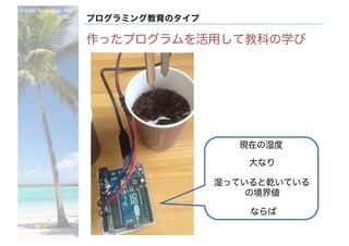 ©2016- Naoki	Kato,	IML
at	TGU
プログラミング教育のタイプ
作ったプログラムを活用して教科の学び
湿っていると乾いている
の境界値
現在の湿度
大なり
ならば
 