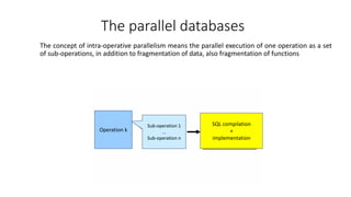 The concept of intra-operative parallelism means the parallel execution of one operation as a set
of sub-operations, in addition to fragmentation of data, also fragmentation of functions
The parallel databases
Sub-operation 1
…
Sub-operation n
Operation k
SQL compilation
+
implementation
 