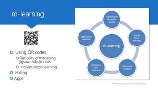 m-learning
 Using QR codes
Flexibility of managing
jigsaw tasks in class
 individualized learning
 Polling
 Apps
From: https://www.pinterest.es/pin/41025046576104563/
 