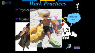 Work Practices
Physical Health
Mental Health
stressed
out
Drone on
Squeal
 