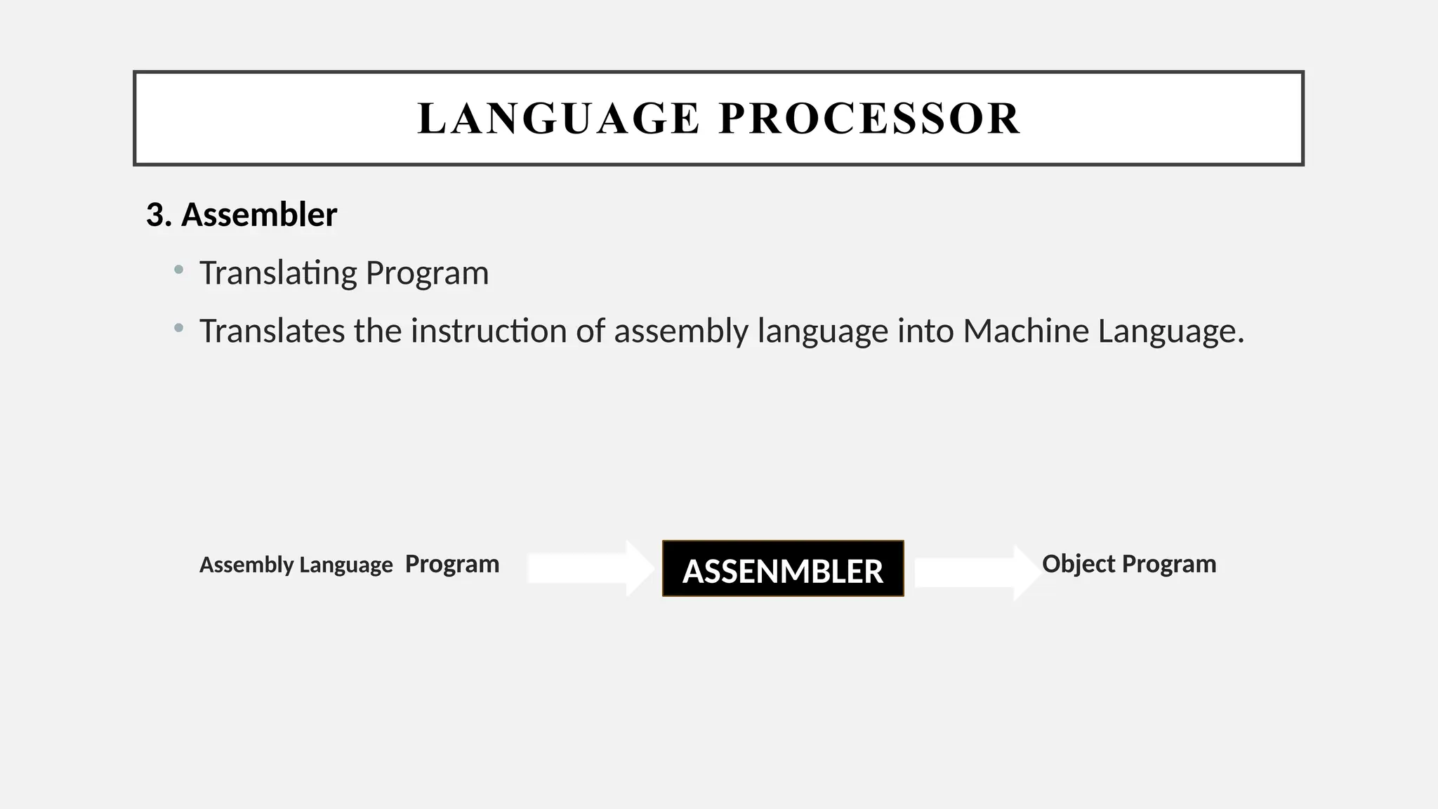 LANGUAGE PROCESSOR
3. Assembler
• Translating Program
• Translates the instruction of assembly language into Machine Language.
Assembly Language Program Object Program
ASSENMBLER
 