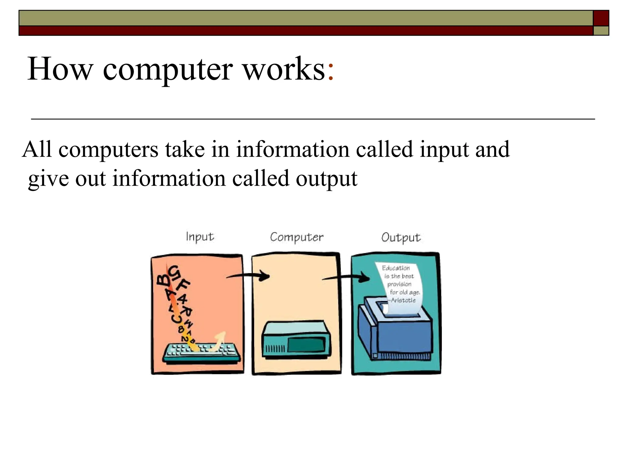 All computers take in information called input and
give out information called output
How computer works:
 