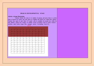 PHASE II: DEVELOPMENTAL STAGE
Activity: (Group Discussion)
Teacher divides the class in to number of groups and gives them to activity
sheet of puzzle box game, and asks them to complete the puzzle box within three minutes.
Teacher also agree to give them “A” grade ,only to complete the puzzle box within the
time allotted .puzzle box contain 10 familiar words in business such as profit, business ,
purchase ,sales, trader, wages, firm, manager, money, Accounting, Asset etc…
(PPT)
A C C O U N T I N G H
M O N E Y A B C D M I
E F G C H I J K R A J
L P M A N P Q I R N S
P U W P R O F I T A A
R R A I S T U V W G L
O C G T R A D E R E E
D H E A S S E T X R S
U A S L Y Z A B C D E
C S B U S I N E S S F
T E G H I J K L M N O
 