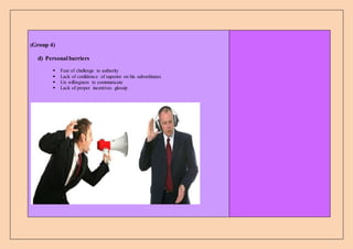(Group 4)
d) Personalbarriers
 Fear of challenge to authority
 Lack of confidence of superior on his subordinates
 Un willingness to communicate
 Lack of proper incentives glossip
 