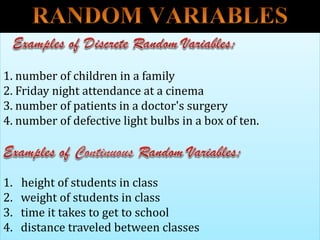 1. number of children in a family
2. Friday night attendance at a cinema
3. number of patients in a doctor's surgery
4. number of defective light bulbs in a box of ten.
1. height of students in class
2. weight of students in class
3. time it takes to get to school
4. distance traveled between classes
 