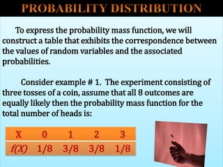 To express the probability mass function, we will
construct a table that exhibits the correspondence between
the values of random variables and the associated
probabilities.
Consider example # 1. The experiment consisting of
three tosses of a coin, assume that all 8 outcomes are
equally likely then the probability mass function for the
total number of heads is:
X 0 1 2 3
f(X) 1/8 3/8 3/8 1/8
 