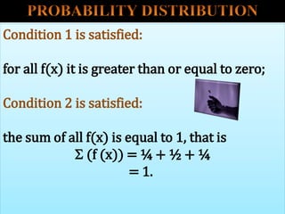 Condition 1 is satisfied:
for all f(x) it is greater than or equal to zero;
Condition 2 is satisfied:
the sum of all f(x) is equal to 1, that is
 (f (x)) = ¼ + ½ + ¼
= 1.
 