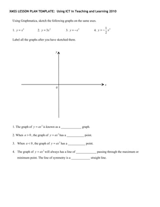 XMSS LESSON PLAN TEMPLATE: Using ICT in Teaching and Learning 2010

 Using Graphmatica, sketch the following graphs on the same axes.

                                                                          1 2
 1. y = x 2         2. y = 3x 2            3. y = − x 2           4. y = − x
                                                                          2

 Label all the graphs after you have sketched them.


                                   y




                                                                         x
                                   0




 1. The graph of y = ax 2 is known as a _____________ graph.

 2. When a > 0 , the graph of y = ax 2 has a ___________ point.

 3. When a < 0 , the graph of y = ax 2 has a ___________ point.

 4. The graph of y = ax 2 will always has a line of _____________ passing through the maximum or
     minimum point. The line of symmetry is a ____________ straight line.
 