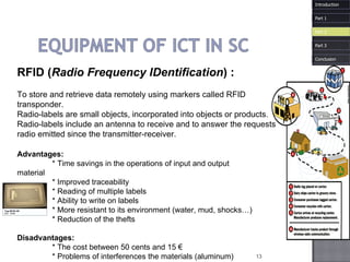 RFID ( Radio  Frequency   IDentification ) : To store and retrieve data remotely using markers called RFID transponder.  Radio-labels are small objects, incorporated into objects or products. Radio-labels include an antenna to receive and to answer the requests radio emitted since the transmitter-receiver. Advantages:  * Time savings in the operations of input and output  material  * Improved traceability  * Reading of multiple labels  * Ability to write on labels  * More resistant to its environment (water, mud, shocks…)  * Reduction of the thefts  Disadvantages:  * The cost between 50 cents and 15 €  * Problems of interferences the materials (aluminum) Introduction Part 1 Part 3 Part 2 Conclusion 