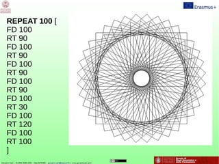 REPEAT 100 [
FD 100
RT 90
FD 100
RT 90
FD 100
RT 90
FD 100
RT 90
FD 100
RT 30
FD 100
RT 120
FD 100
RT 100
]
 