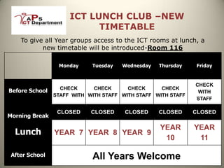 ICT LUNCH CLUB –NEW
                           TIMETABLE
    To give all Year groups access to the ICT rooms at lunch, a
           new timetable will be introduced-Room 116

                 Monday     Tuesday   Wednesday   Thursday     Friday


                                                              CHECK
                  CHECK      CHECK      CHECK      CHECK
Before School                                                  WITH
                STAFF WITH WITH STAFF WITH STAFF WITH STAFF
                                                              STAFF

                 CLOSED     CLOSED     CLOSED     CLOSED      CLOSED
Morning Break

                                                  YEAR        YEAR
  Lunch         YEAR 7 YEAR 8 YEAR 9
                                                   10          11

 After School               All Years Welcome
 