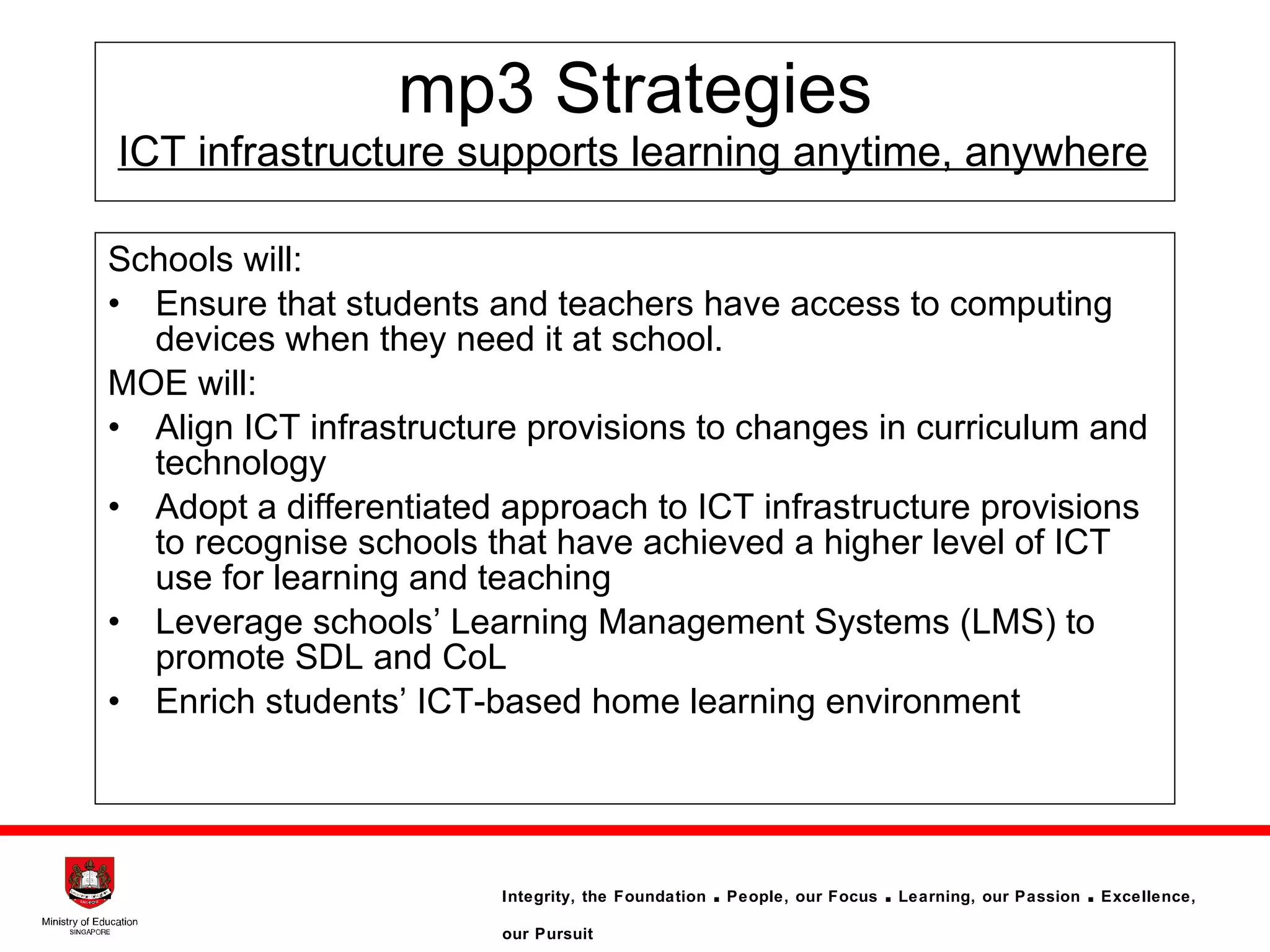 mp3 Strategies   ICT infrastructure supports learning anytime, anywhere   Schools will: Ensure that students and teachers have access to computing devices when they need it at school.  MOE will: Align ICT infrastructure provisions to changes in curriculum and technology Adopt a differentiated approach to ICT infrastructure provisions to recognise schools that have achieved a higher level of ICT use for learning and teaching  Leverage schools’ Learning Management Systems (LMS) to promote SDL and CoL Enrich students’ ICT-based home learning environment  