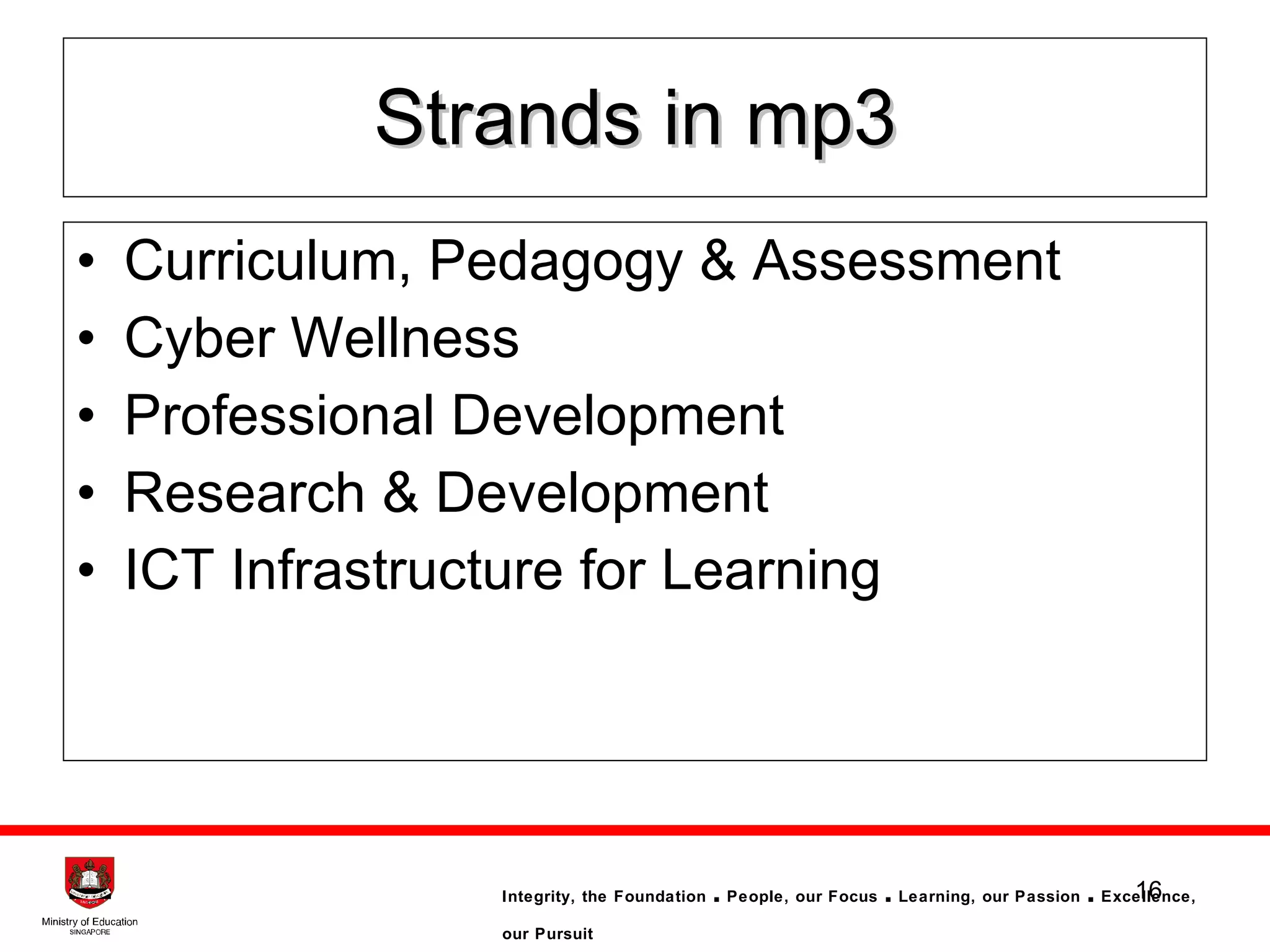Strands in mp3 Curriculum, Pedagogy & Assessment Cyber Wellness Professional Development Research & Development ICT Infrastructure for Learning 