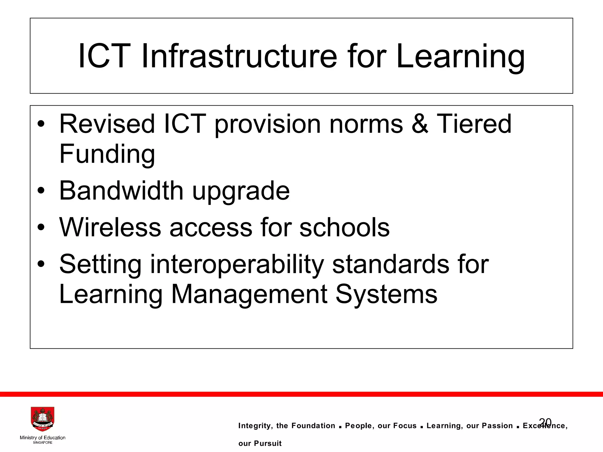 ICT Infrastructure for Learning Revised ICT provision norms & Tiered Funding Bandwidth upgrade Wireless access for schools  Setting interoperability standards for Learning Management Systems 