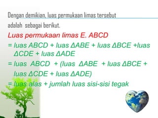 Dengan demikian, luas permukaan limas tersebut
adalah sebagai berikut.
Luas permukaan limas E. ABCD
= luas ABCD + luas ΔABE + luas ΔBCE +luas
ΔCDE + luas ΔADE
= luas ABCD + (luas ΔABE + luas ΔBCE +
luas ΔCDE + luas ΔADE)
= luas alas + jumlah luas sisi-sisi tegak

 
