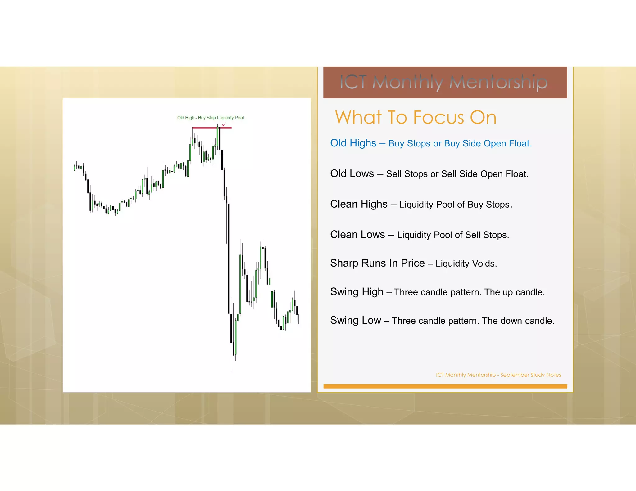 ICT Monthly Mentorship - September Study Notes
Old Highs – Buy Stops or Buy Side Open Float.
Old Lows – Sell Stops or Sell Side Open Float.
Clean Highs – Liquidity Pool of Buy Stops.
Clean Lows – Liquidity Pool of Sell Stops.
Sharp Runs In Price – Liquidity Voids.
Swing High – Three candle pattern. The up candle.
Swing Low – Three candle pattern. The down candle.
What To Focus On
 