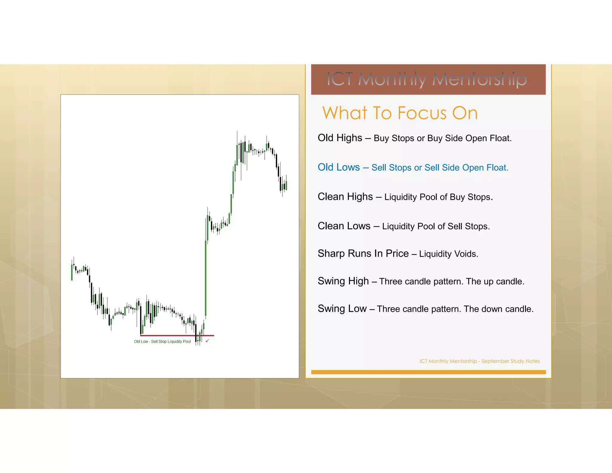 ICT Monthly Mentorship - September Study Notes
Old Highs – Buy Stops or Buy Side Open Float.
Old Lows – Sell Stops or Sell Side Open Float.
Clean Highs – Liquidity Pool of Buy Stops.
Clean Lows – Liquidity Pool of Sell Stops.
Sharp Runs In Price – Liquidity Voids.
Swing High – Three candle pattern. The up candle.
Swing Low – Three candle pattern. The down candle.
What To Focus On
 