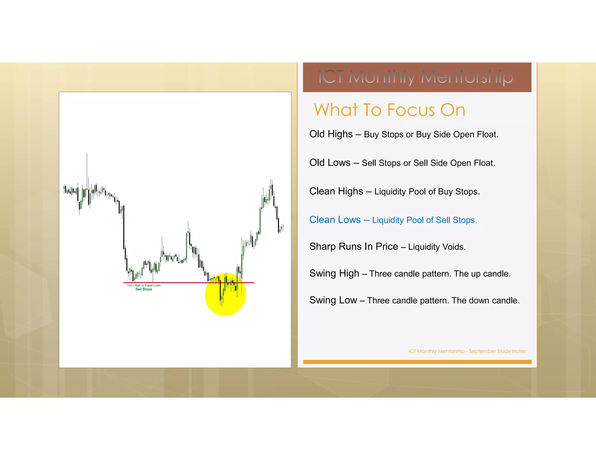 ICT Monthly Mentorship - September Study Notes
Old Highs – Buy Stops or Buy Side Open Float.
Old Lows – Sell Stops or Sell Side Open Float.
Clean Highs – Liquidity Pool of Buy Stops.
Clean Lows – Liquidity Pool of Sell Stops.
Sharp Runs In Price – Liquidity Voids.
Swing High – Three candle pattern. The up candle.
Swing Low – Three candle pattern. The down candle.
What To Focus On
 