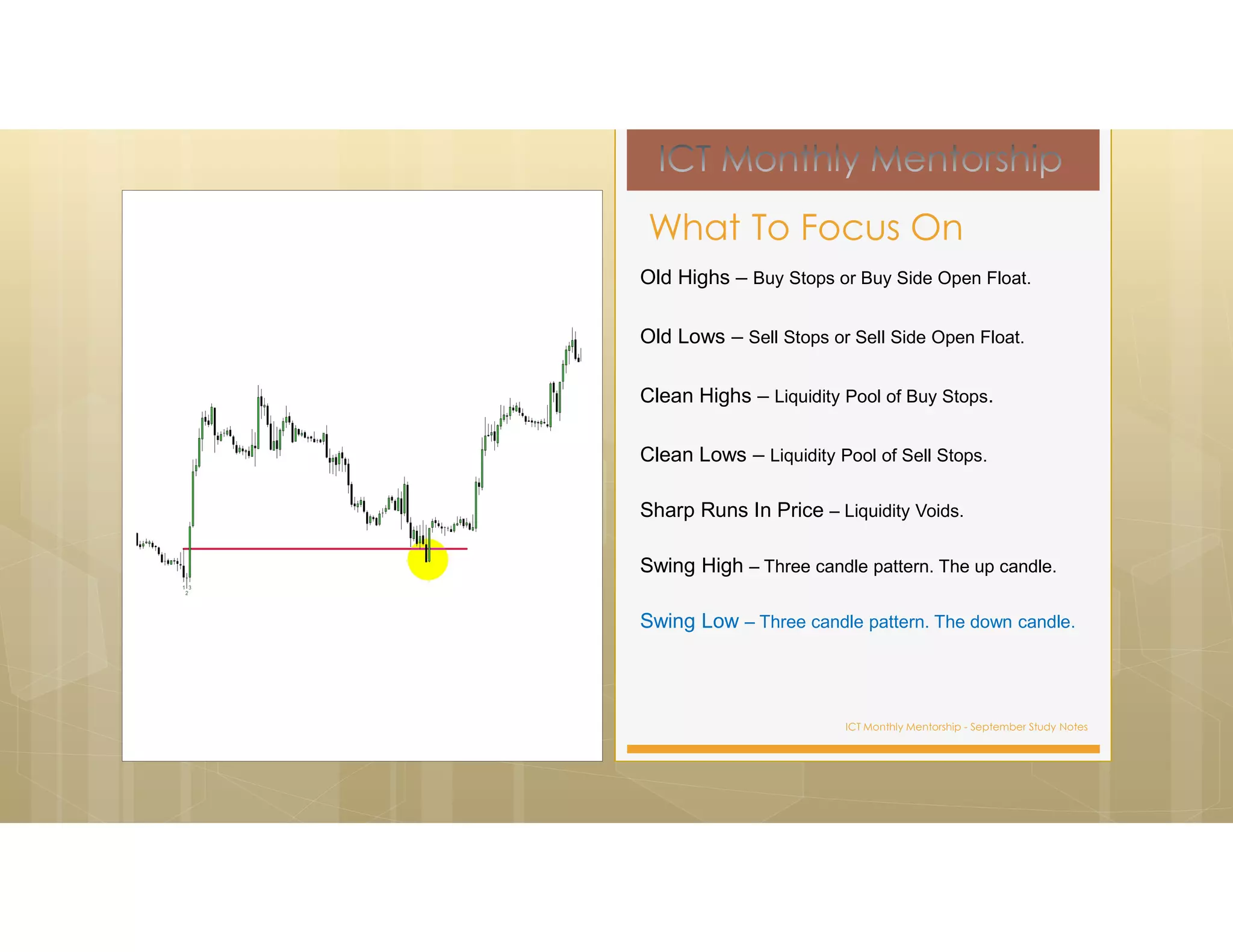 ICT Monthly Mentorship - September Study Notes
Old Highs – Buy Stops or Buy Side Open Float.
Old Lows – Sell Stops or Sell Side Open Float.
Clean Highs – Liquidity Pool of Buy Stops.
Clean Lows – Liquidity Pool of Sell Stops.
Sharp Runs In Price – Liquidity Voids.
Swing High – Three candle pattern. The up candle.
Swing Low – Three candle pattern. The down candle.
What To Focus On
 