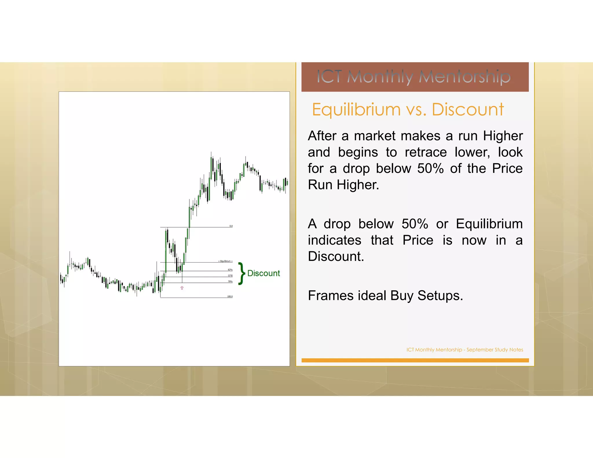 ICT Monthly Mentorship - September Study Notes
After a market makes a run Higher
and begins to retrace lower, look
for a drop below 50% of the Price
Run Higher.
A drop below 50% or Equilibrium
indicates that Price is now in a
Discount.
Frames ideal Buy Setups.
Equilibrium vs. Discount
 
