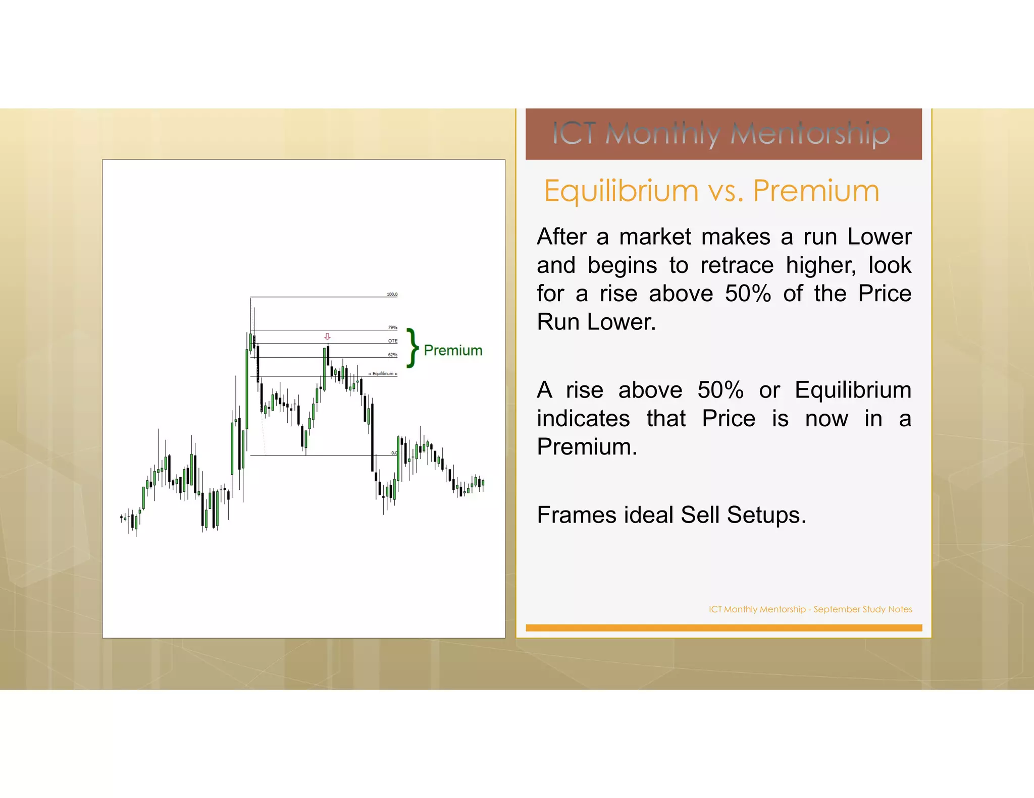 ICT Monthly Mentorship - September Study Notes
After a market makes a run Lower
and begins to retrace higher, look
for a rise above 50% of the Price
Run Lower.
A rise above 50% or Equilibrium
indicates that Price is now in a
Premium.
Frames ideal Sell Setups.
Equilibrium vs. Premium
 