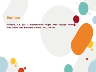 Aribowo, E.K. (2013). Representasi Angka Arab sebagai Huruf
Arab dalam Teks Berbasis Internet. Hal. 249-254.
Sumber :
50
 