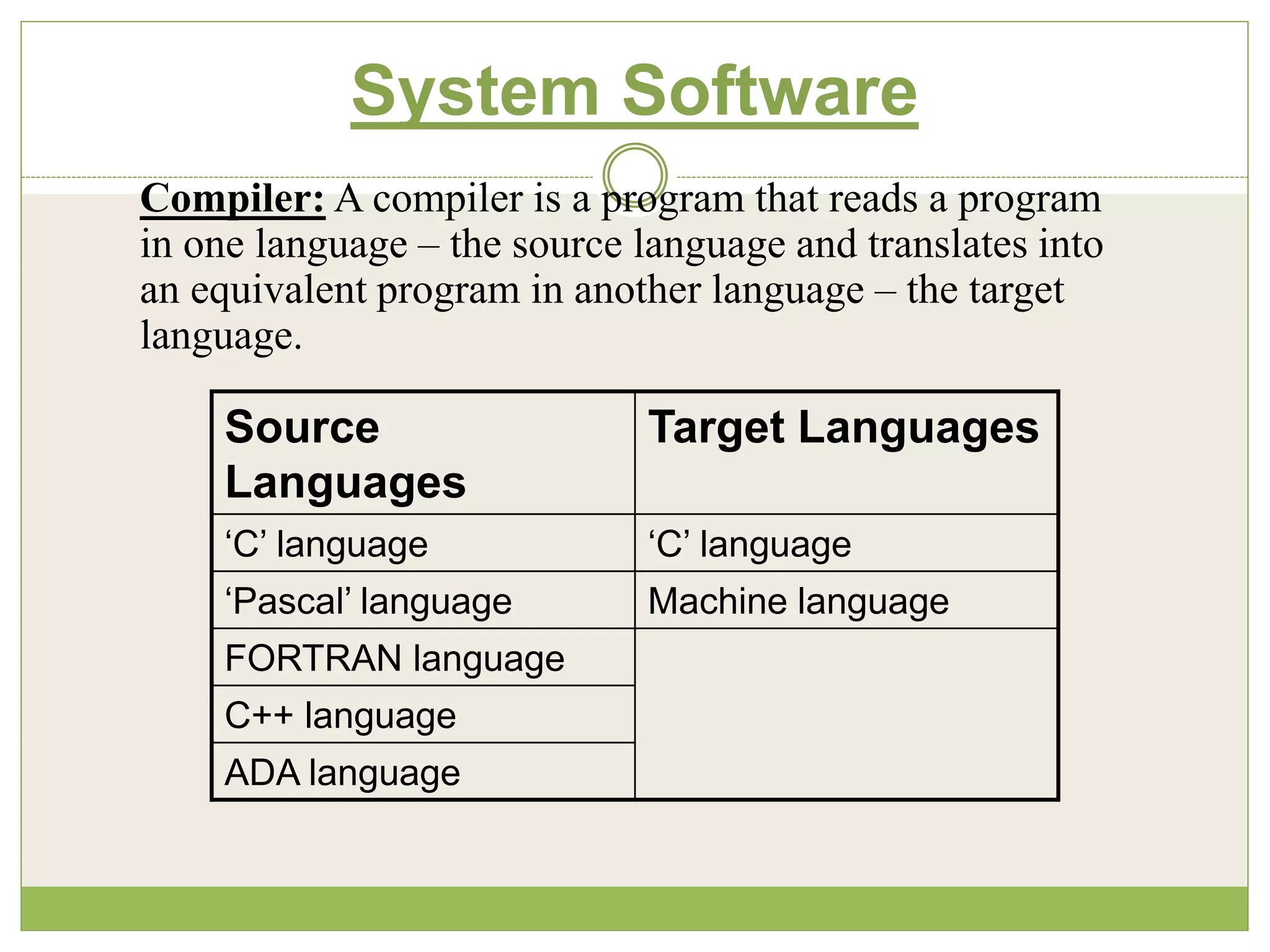 System Software
Source
Languages
Target Languages
‘C’ language ‘C’ language
‘Pascal’ language Machine language
FORTRAN language
C++ language
ADA language
Compiler: A compiler is a program that reads a program
in one language – the source language and translates into
an equivalent program in another language – the target
language.
 