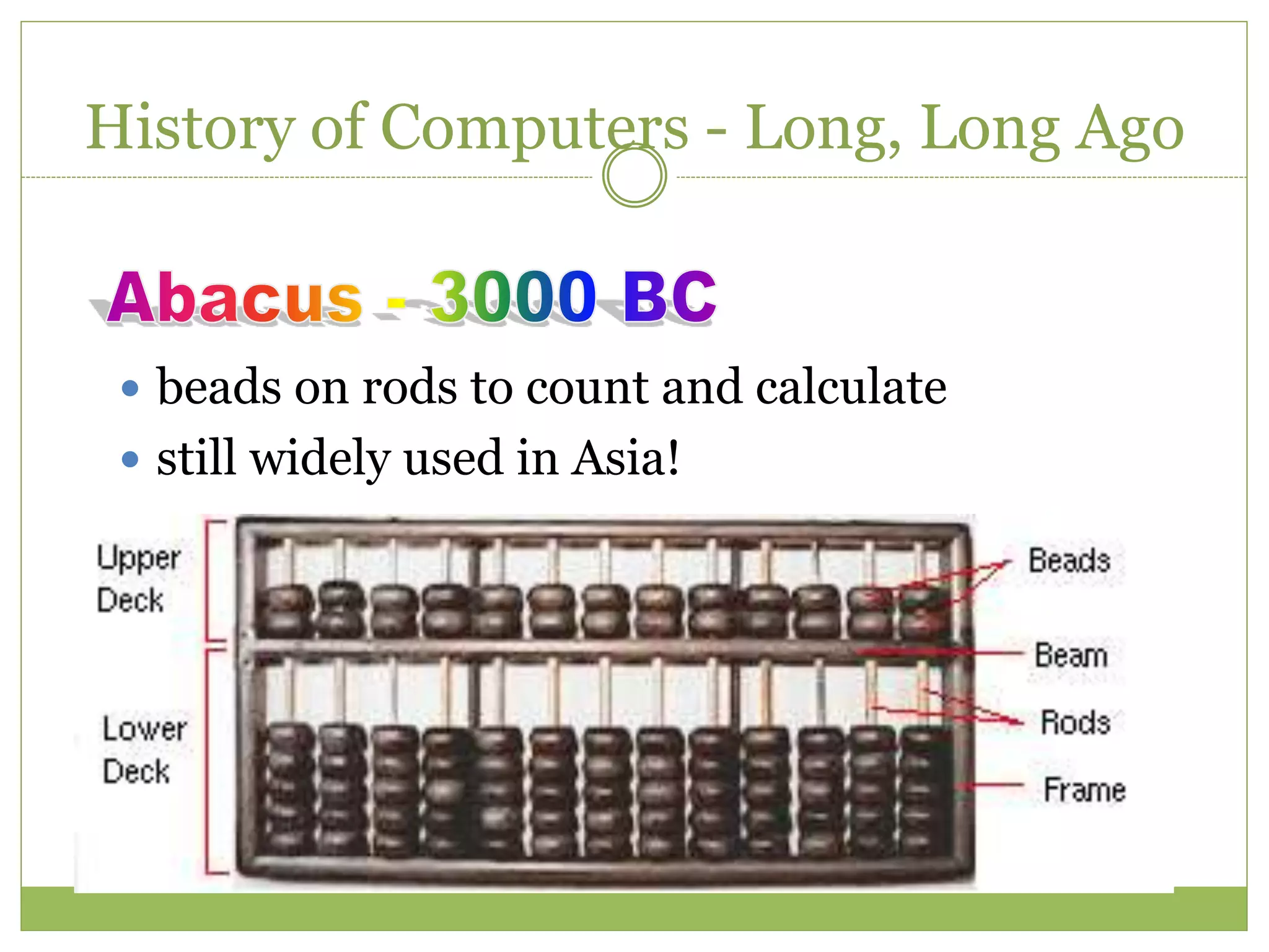 History of Computers - Long, Long Ago
 beads on rods to count and calculate
 still widely used in Asia!
 