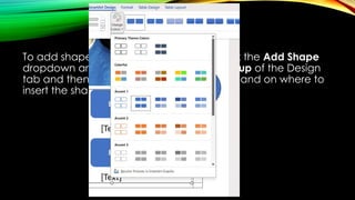 To add shape to the SmartArt graphic, click the Add Shape
dropdown arrow in the Create Graphic group of the Design
tab and then select the appropriate command on where to
insert the shape from the menu.
 