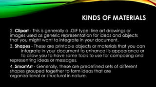 KINDS OF MATERIALS
2. Clipart - This is generally a .GIF type; line art drawings or
images used as generic representation for ideas and objects
that you might want to integrate in your document.
3. Shapes - These are printable objects or materials that you can
integrate in your document to enhance its appearance or
to allow you to have some tools to use for composing and
representing ideas or messages.
4. SmartArt - Generally, these are predefined sets of different
shapes grouped together to form ideas that are
organizational or structural in nature.
 