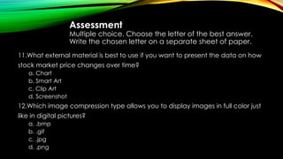 Assessment
Multiple choice. Choose the letter of the best answer.
Write the chosen letter on a separate sheet of paper.
11.What external material is best to use if you want to present the data on how
stock market price changes over time?
a. Chart
b. Smart Art
c. Clip Art
d. Screenshot
12.Which image compression type allows you to display images in full color just
like in digital pictures?
a. .bmp
b. .gif
c. .jpg
d. .png
 