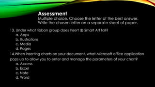 Assessment
Multiple choice. Choose the letter of the best answer.
Write the chosen letter on a separate sheet of paper.
13. Under what ribbon group does Insert Smart Art fall?

a. Apps
b. Illustrations
c. Media
d. Pages
14.When inserting charts on your document, what Microsoft office application
pops up to allow you to enter and manage the parameters of your chart?
a. Access
b. Excel
c. Note
d. Word
 