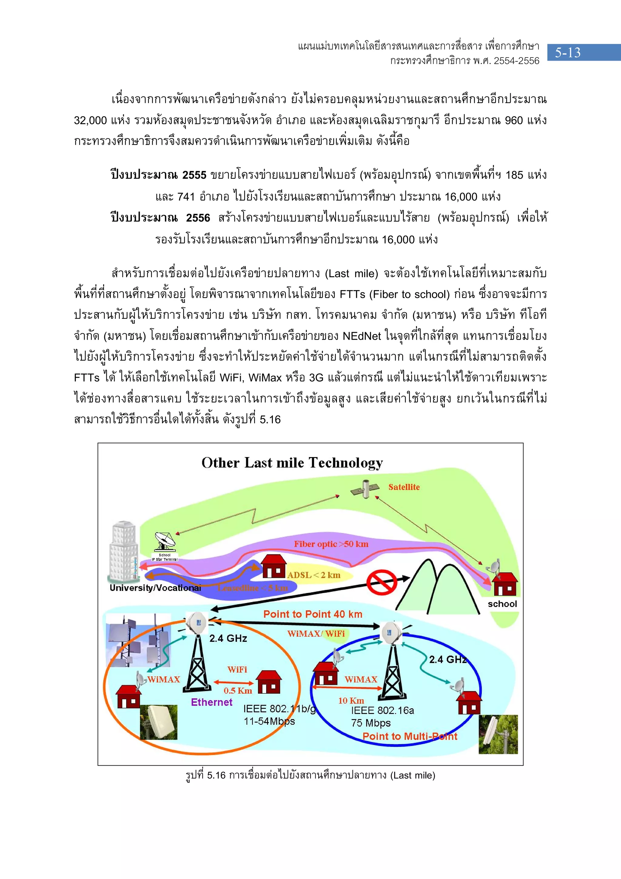 5-13
แผนแมบทเทคโนโลยีสารสนเทศและการสื่อสาร เพื่อการศึกษา
กระทรวงศึกษาธิการ พ.ศ. 2554-2556
เนื่องจากการพัฒนาเครือขายดังกลาว ยังไมครอบคลุมหนวยงานและสถานศึกษาอีกประมาณ
32,000 แหง รวมหองสมุดประชาชนจังหวัด อําเภอ และหองสมุดเฉลิมราชกุมารี อีกประมาณ 960 แหง
กระทรวงศึกษาธิการจึงสมควรดําเนินการพัฒนาเครือขายเพิ่มเติม ดังนี้คือ
ปงบประมาณ 2555 ขยายโครงขายแบบสายไฟเบอร (พรอมอุปกรณ) จากเขตพื้นที่ฯ 185 แหง
และ 741 อําเภอ ไปยังโรงเรียนและสถาบันการศึกษา ประมาณ 16,000 แหง
ปงบประมาณ 2556 สรางโครงขายแบบสายไฟเบอรและแบบไรสาย (พรอมอุปกรณ) เพื่อให
รองรับโรงเรียนและสถาบันการศึกษาอีกประมาณ 16,000 แหง
สําหรับการเชื่อมตอไปยังเครือขายปลายทาง (Last mile) จะตองใชเทคโนโลยีที่เหมาะสมกับ
พื้นที่ที่สถานศึกษาตั้งอยู โดยพิจารณาจากเทคโนโลยีของ FTTs (Fiber to school) กอน ซึ่งอาจจะมีการ
ประสานกับผูใหบริการโครงขาย เชน บริษัท กสท. โทรคมนาคม จํากัด (มหาชน) หรือ บริษัท ทีโอที
จํากัด (มหาชน) โดยเชื่อมสถานศึกษาเขากับเครือขายของ NEdNet ในจุดที่ใกลที่สุด แทนการเชื่อมโยง
ไปยังผูใหบริการโครงขาย ซึ่งจะทําใหประหยัดคาใชจายไดจํานวนมาก แตในกรณีที่ไมสามารถติดตั้ง
FTTs ได ใหเลือกใชเทคโนโลยี WiFi, WiMax หรือ 3G แลวแตกรณี แตไมแนะนําใหใชดาวเทียมเพราะ
ไดชองทางสื่อสารแคบ ใชระยะเวลาในการเขาถึงขอมูลสูง และเสียคาใชจายสูง ยกเวนในกรณีที่ไม
สามารถใชวิธีการอื่นใดไดทั้งสิ้น ดังรูปที่ 5.16
รูปที่ 5.16 การเชื่อมตอไปยังสถานศึกษาปลายทาง (Last mile)
 