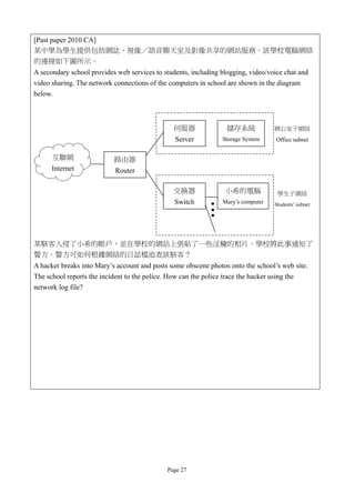 [Past paper 2010 CA]
某中學為學生提供包括網誌、視像／語音聊天室及影像共享的網站服務。該學校電腦網絡
的連接如下圖所示。
A secondary school provides web services to students, including blogging, video/voice chat and
video sharing. The network connections of the computers in school are shown in the diagram
below.



                                               伺服器                儲存系統            辦公室子網絡
                                                Server          Storage System     Office subnet


      互聯網                  路由器
      Internet             Router

                                               交換器               小希的電腦             學生子網絡
                                                Switch          Mary’s computer   Students’ subnet




某駭客入侵了小希的帳戶，並在學校的網站上張貼了一些淫穢的相片。學校將此事通知了
警方。警方可如何根據網絡的日誌檔追查該駭客？
A hacker breaks into Mary’s account and posts some obscene photos onto the school’s web site.
The school reports the incident to the police. How can the police trace the hacker using the
network log file?




                                             Page 27
 