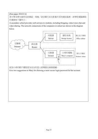 [Past paper 2010 CA]
某中學為學生提供包括網誌、視像／語音聊天室及影像共享的網站服務。該學校電腦網絡
的連接如下圖所示。
A secondary school provides web services to students, including blogging, video/voice chat and
video sharing. The network connections of the computers in school are shown in the diagram
below.


                                               伺服器                儲存系統            辦公室子網絡
                                                Server          Storage System     Office subnet


      互聯網                  路由器
      Internet             Router

                                               交換器               小希的電腦             學生子網絡
                                                Switch          Mary’s computer   Students’ subnet




試為小希的帳戶選取更為安全的登入密碼提出兩個建議。
Give two suggestions to Mary for choosing a more secure login password for her account.




                                             Page 35
 