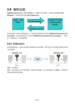 2.6 資料加密
加密(Encryption)就是把可讀的數據轉成不可讀的字符的過程。加密前的資訊稱為明文
(Plaintext)，加密後的資訊稱為密文(Ciphertext)。


     Hello, I am                        aV&3P74%2@
       Peter!       加密Encryption         mKleHqwWo
                                           GPtiKL

                      解密Decryption

加密和解密均須使用密碼匙(Key)。若加密匙和解密匙均相同則為對稱加密法(Symmetric Key
encryption)，加密匙和解密匙不同則為不對稱加密法(Asymmetric Key encryption)。一般來
說，密碼匙愈長，便愈難破解。


2.6.1 對稱加密法
採用對稱密碼匙，收發信息的雙方都擁有相同的密碼匙，雙方都可以用同樣的密碼匙為資訊
加密或解密。




優點：算法簡單
缺點：由於每對往來伙伴都須擁有一條相同的密碼匙，所以當須要與多人聯繫時，密碼匙的
管理和儲存會相當困難。




                           Page 43
 