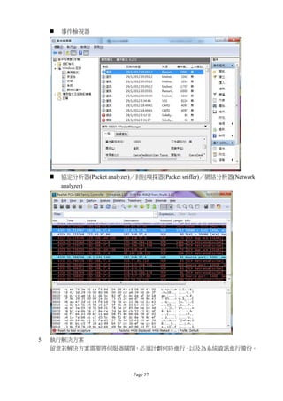    事件檢視器




        協定分析器(Packet analyzer)／封包嗅探器(Packet sniffer)／網絡分析器(Network
         analyzer)




5.   執行解決方案
     留意若解決方案需要將伺服器關閉，必須計劃何時進行，以及為系統資訊進行備份。



                              Page 57
 