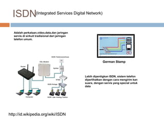 ISDN(Integrated Services Digital Network)
German Stamp
Adalah perkataan,video,data,dan jaringan
servis di sirkuit tradisional dari jaringan
telefon umum.
Lebih dipentigkan ISDN, sistem telefon
diperlihatkan dengan cara mengirim kan
suara, dengan servis yang special untuk
data
http://id.wikipedia.org/wiki/ISDN
 