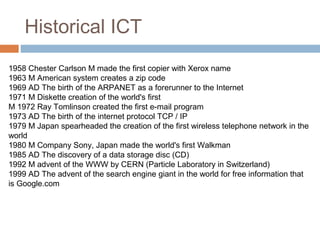 Historical ICT
1958 Chester Carlson M made the first copier with Xerox name
1963 M American system creates a zip code
1969 AD The birth of the ARPANET as a forerunner to the Internet
1971 M Diskette creation of the world's first
M 1972 Ray Tomlinson created the first e-mail program
1973 AD The birth of the internet protocol TCP / IP
1979 M Japan spearheaded the creation of the first wireless telephone network in the
world
1980 M Company Sony, Japan made the world's first Walkman
1985 AD The discovery of a data storage disc (CD)
1992 M advent of the WWW by CERN (Particle Laboratory in Switzerland)
1999 AD The advent of the search engine giant in the world for free information that
is Google.com
 