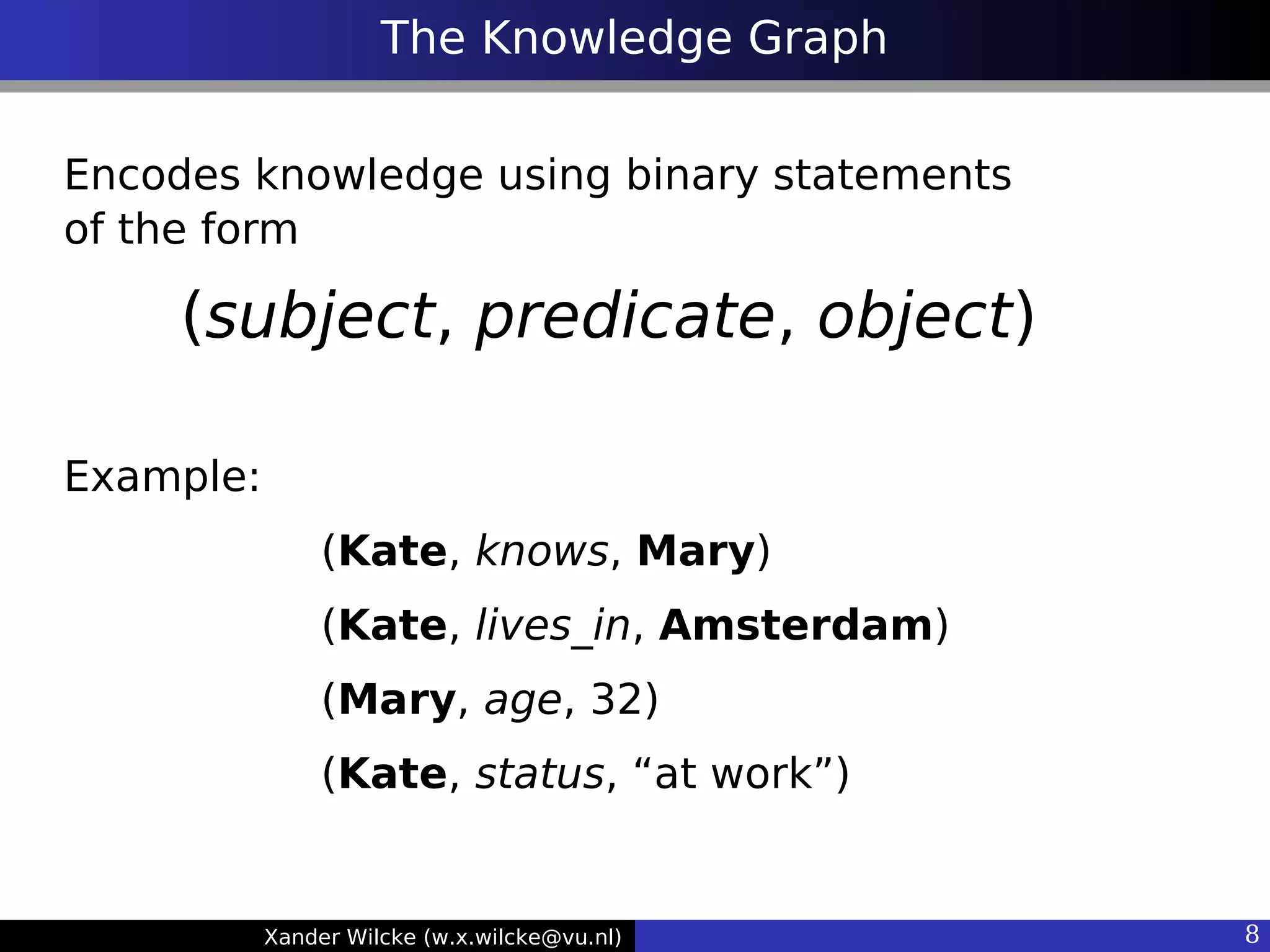 Xander Wilcke (w.x.wilcke@vu.nl) 8
The Knowledge Graph
Encodes knowledge using binary statements
of the form
(subject, predicate, object)
Example:
(Kate, knows, Mary)
(Kate, lives_in, Amsterdam)
(Mary, age, 32)
(Kate, status, “at work”)
 